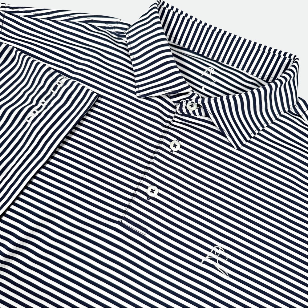 Rhoback The Blue Chip Polo Men's Large Navy White Striped Performance Nucor Logo